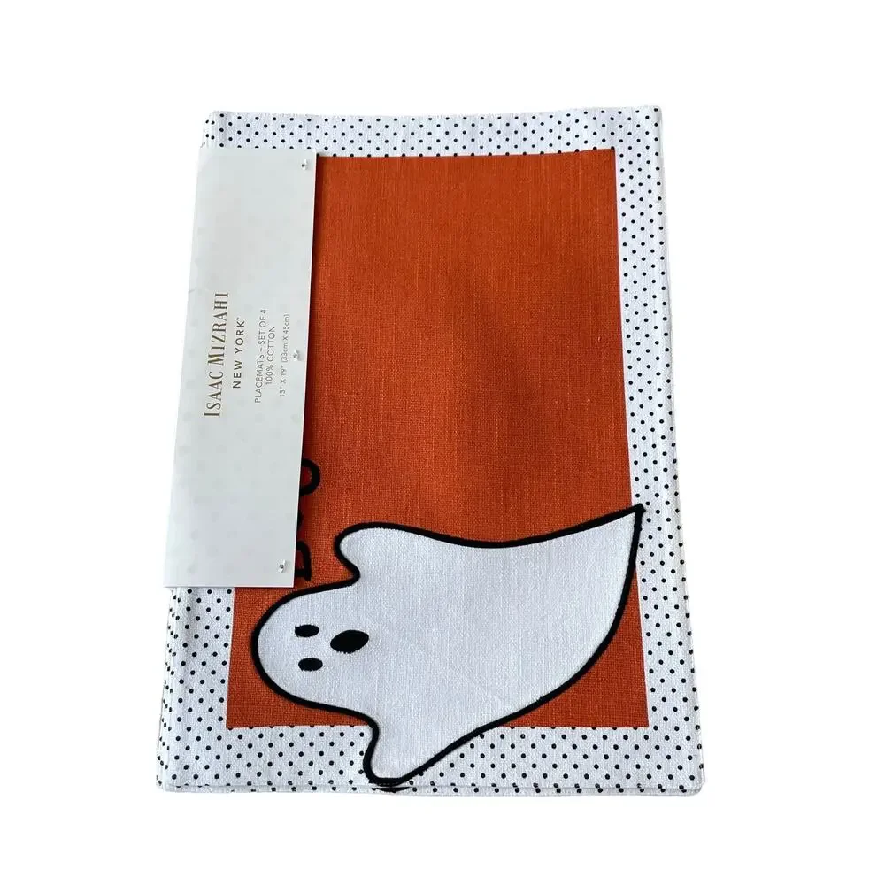 ISAAC MIZRAHI Halloween Ghost Placemats 13x19 Cotton White Orange Set of 4 New
